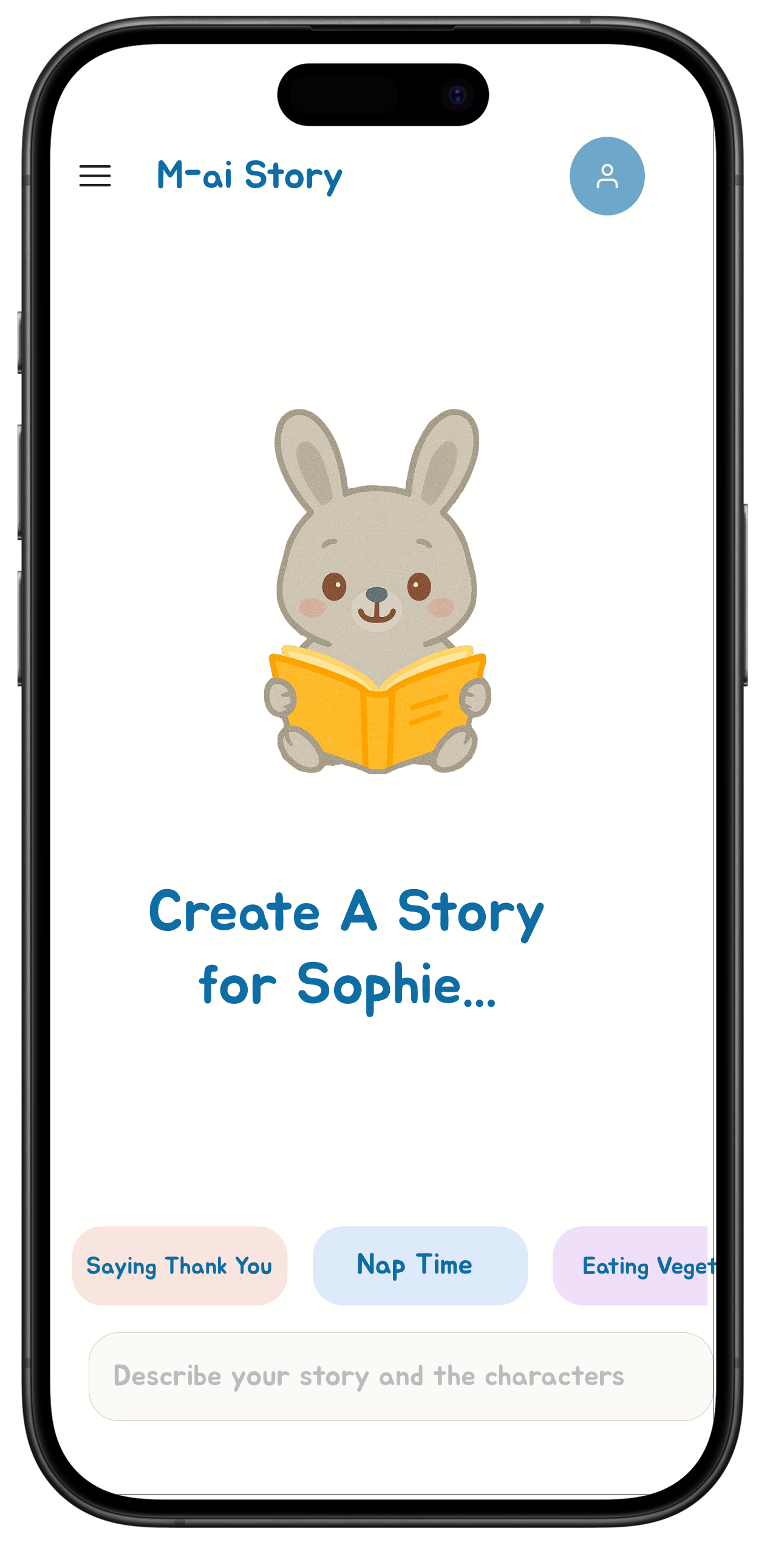 Home screen of the M-ai Story app showing bedtime prompts